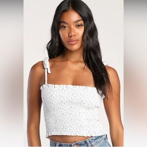 Summertime Sweetie White Floral Print Smocked Tie-Strap Crop Top